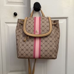 Anne Klein Ring Logo Backpack – Tan & Pink Striped