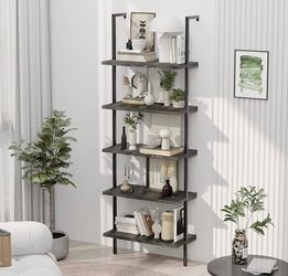 5-Tier Industrial Ladder Shelf Rustic Wall Mounted Metal Frame Bookcases, Open Bookshelf for Storage Organizer, Decor for Home Living Room Bedroom - B