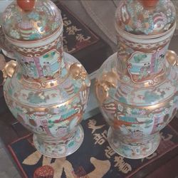 Pair of Chinese Porcelain Lidded Vases/Jars with Foo Dog Handles, Red Seal