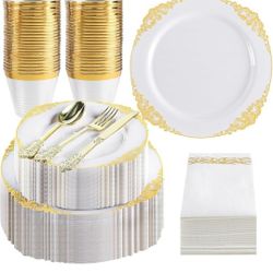 350 PCS White and Gold Plastic Dinnerware Set for 50 Guests, Disposable Fancy Dinner Plates with Gold Rim, 50 Dinner and Dessert Plates Silverware Cup