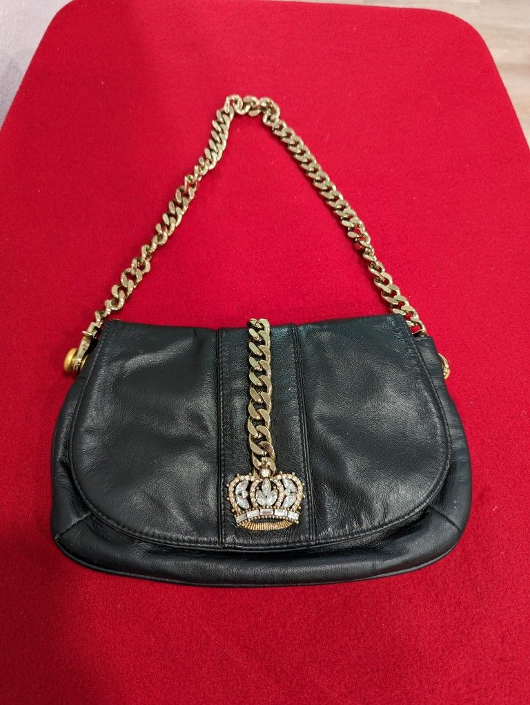 Wilson Leather Maxima Black Clutch/Baguette with Bling Crown & Heavy Gold Chain