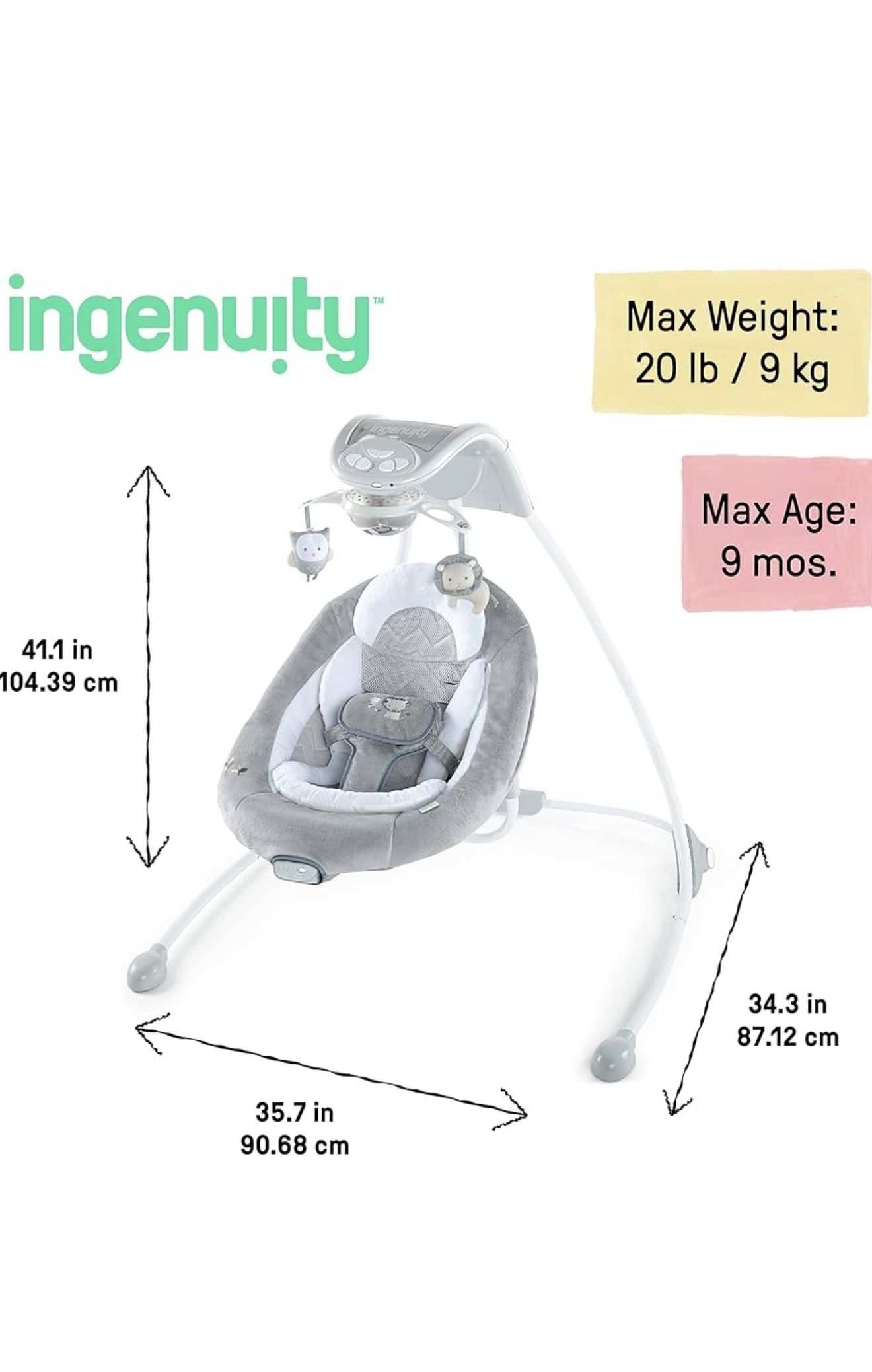 Ingenuity InLighten Baby Swing - Cool Mesh Fabric, Vibrations, Swivel Infant Seat, Nature Sounds, Light Up Motorized Mobile - Braden