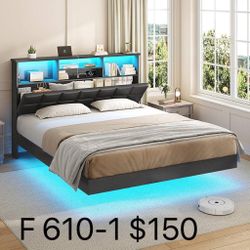 Floating Bed Frame Full Size with Headboard and Storage, Upholstered Full Size Platform Bed Frame with USB & Type C Charging Station and LED Lights(61