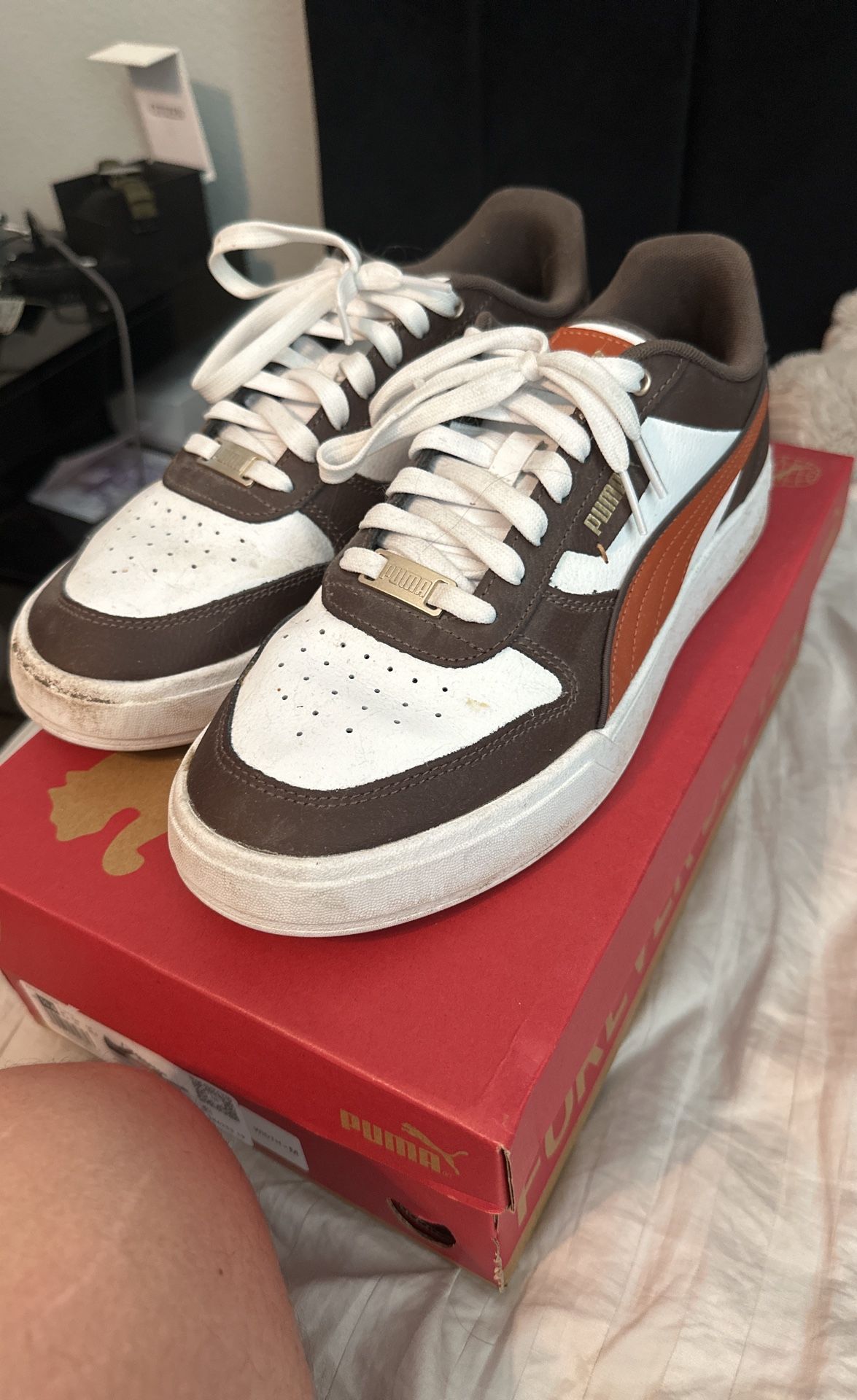 PUMA Caven Dime sneakers, in the Dark Chestnut / Puma Gold colorway, size US 10.5 (UK 9.5 / EU 44).