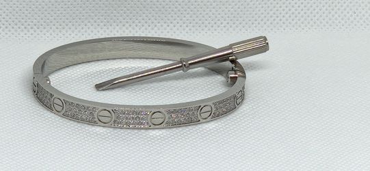 Full Paved Diamonds Stainless Steel Love Bracelet Silver Size 19 