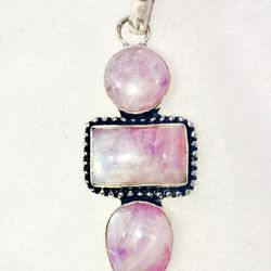 Natural Pink Rainbow Moonstones & .925 Stamped Sterling Silver Necklace NEW!