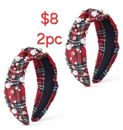 2Pcs Fashion Red Plaid Headbands for Women Pearl Rhinestone Beaded Top Knotted Hairbands Wide Hair Hoop Holiday Festival Hair Accessories Set