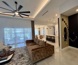 Good Opportunity. Modern Contemporary Velvet Gold extended extra size sofa with 6 pillow same material and two extra white pillows. 118 W x 59 D x 30 