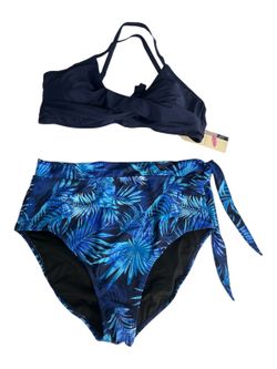 New Dokotoo Women’s 2-Piece  Bikini Set XL Navy  Blue Tropical Print  High Waist Swimsuit NWT