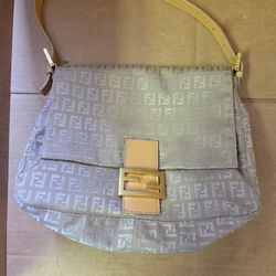 Fendi Mamma Baguette Bag Beige Canvas Shoulder Baguette