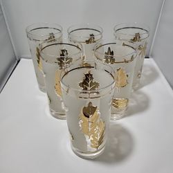 Libbey Starlyte Frosted Gold Leaf Foliage Design Set Of 6 Vintage MCM (MM)