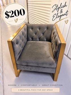 Modern Gray Velvet Accent Chair with Gold Frame