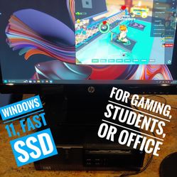 Gaming PC with 23" Monitor, Radeon 550, Windows 11, 256gb SSD, 16gb RAM, WiFi