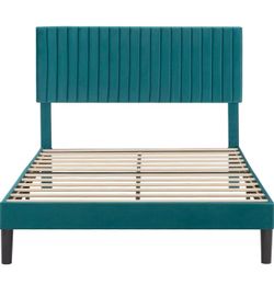Queen Bed Frame, Velvet Upholstered Platform Bed with Adjustable Vertical Channel Tufted Headboard, Teal