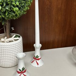 Vintage Mount Clemens Pottery Embossed Christmas ribbon candlesticks