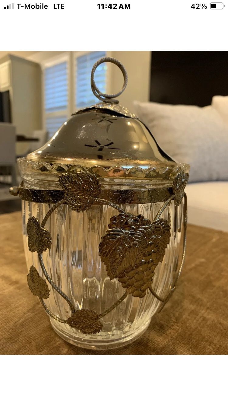 Vintage Clear Glass Biscuit Jar Music Box Lid Silver Metal Leaves Japan, 7.5"H