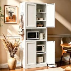Metal Pantry Cabinet, 72" White Kitchen Storage Cabinet with Doors Microwave Stand 3 Adjustable Shelves Freestanding Storage Metal Cabinet