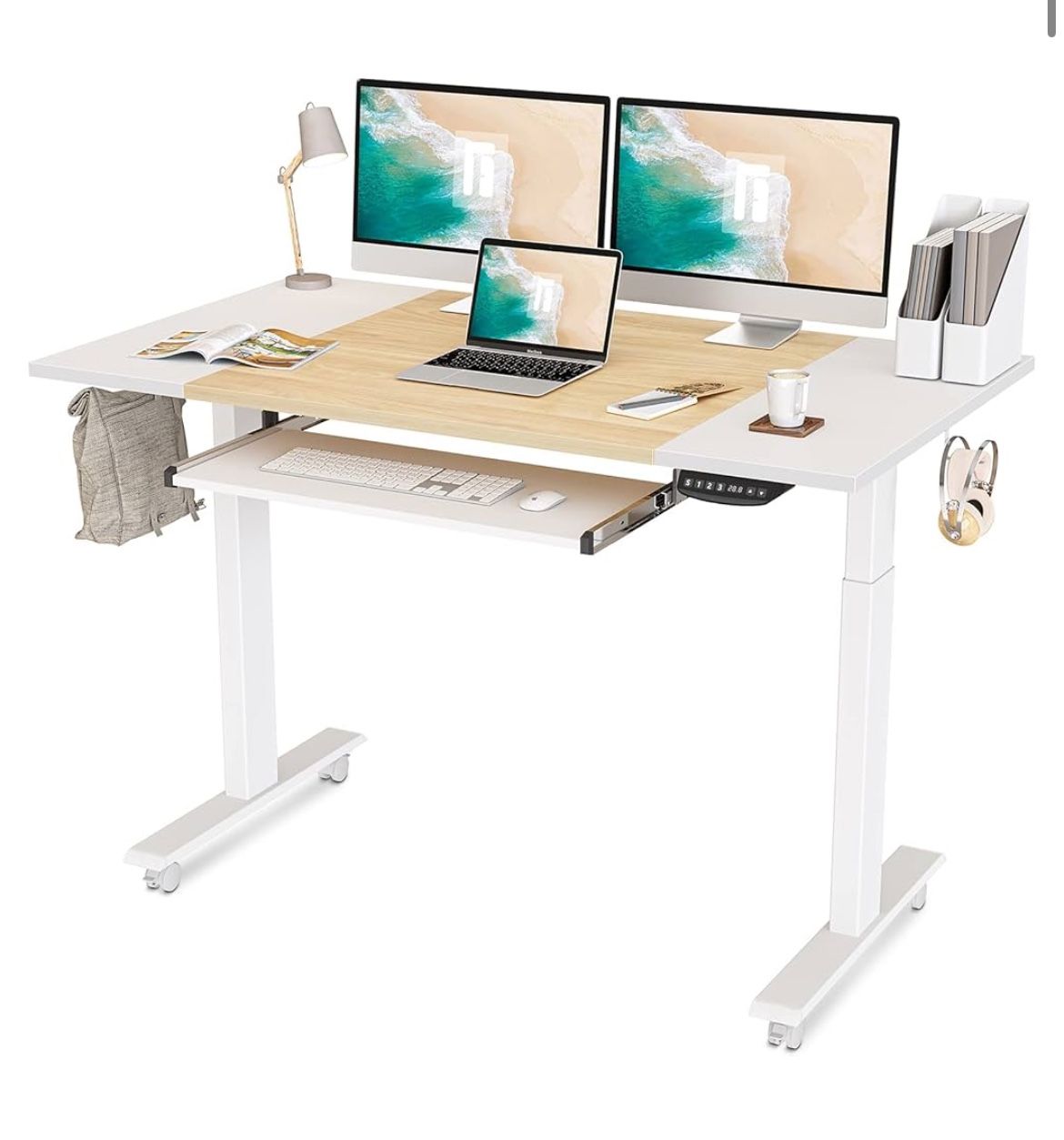 55 x 24 Inch Dual Motor Height Adjustable Electric Standing Desk with Keyboard Tray, Sit Stand Table with Splice Board, White Frame/White and N