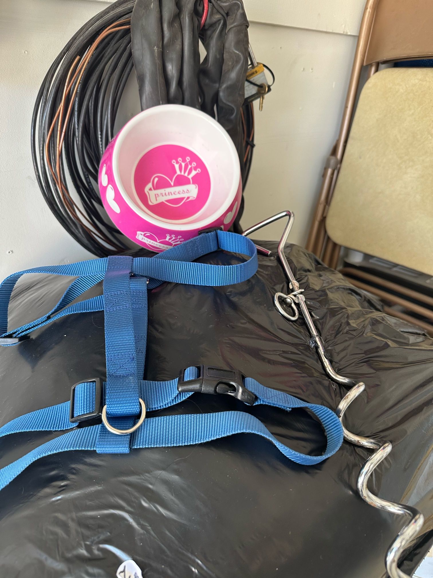 Dog harness, slow feeder bowl regular bowl and ground stake