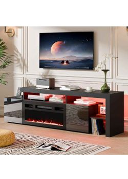 73" Fireplace TV Stand w/ LED Lights - Modern Entertainment Center (Black