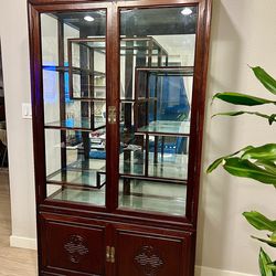 Vintage Dark Cherry Wood Curio Cabinet  With Oriental Design