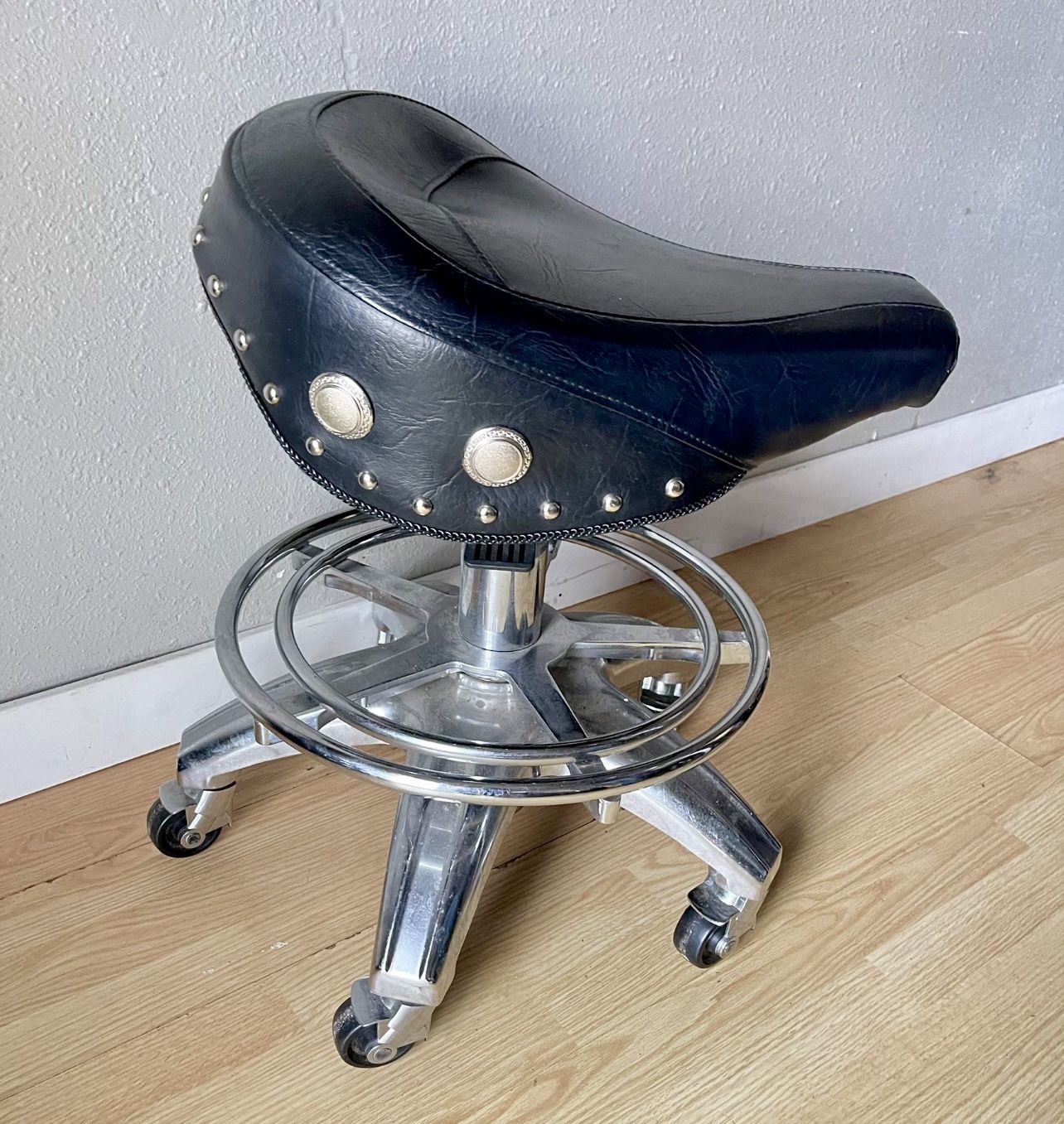 Leather Black Biker Motorcycle Saddle Seat Rolling Stool
