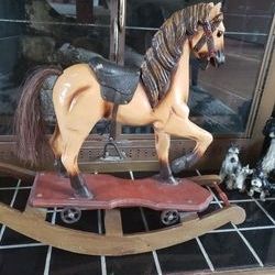 Vintage Hand Carved Wooden Toy Rocking Horse.