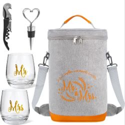 Brand New Wedding Bridal Shower Gifts,Cool Engagement Gifts for Couples, Mr and Mrs Anniversary Gifts - Insulated Wine Cooler Tote with Wine Glass, Ba