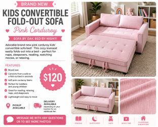 Brand New Pink Corduroy Kids Convertible Fold-Out Sofa Bed