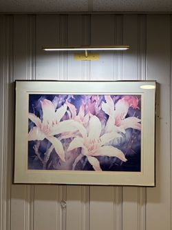 Vintage 1980s Large Framed Pink Lily Watercolor Style Floral Art Print, Pastel Botanical Wall Decor” 33.5 x  22.5”