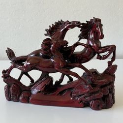 Vtg Sculpture Chinese red Resin 10 X 12 X 3 Galloping Stallions Mint Condition