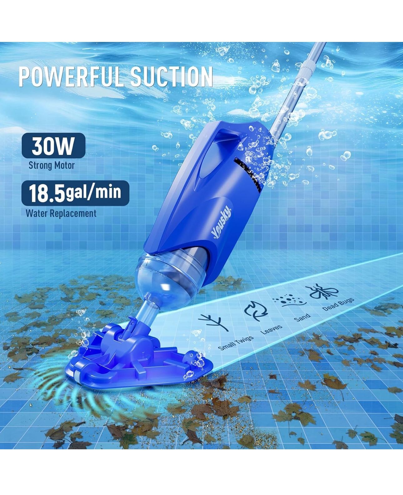 2025 Upgraded Handheld Pool Vacuum Cleaner for Above Ground & Inground Pools - Cordless Pool Cleaner w/18.5GPM Suction, Telescoping Pole(20-69in), 2 B