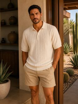 Mr Turk XXL Ivory Striped Cable Knit Merino Wool Polo