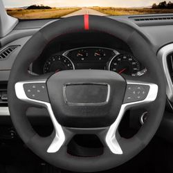 Black Faux Carbon Fiber Suede Red Marker Soft Steering Wheel Cover For GMC Acadia 2017-2022 Canyon 2015-2021