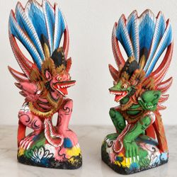  Vintage Pair 2 Balinese Intricately Hand-Carved Painted Winged Figures Mythological Guardians RARE 8” Bali 1’s Sculptures Table Decor Center
