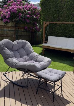 Outdoor Rocking Chair with Ottoman, Patio Rocker with Soft Cushion for Garden & Balcony, Gray