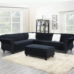 Brand New Black Velvet Plush Sectional Sofa (Ottoman Sold Separately)