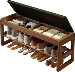 AQIMUELE Shoe Rack Bench, Wooden 2 Tiers with Flip-Top Storage, 11.8" D x 39.3" W x 15.7" H, (GREEN)