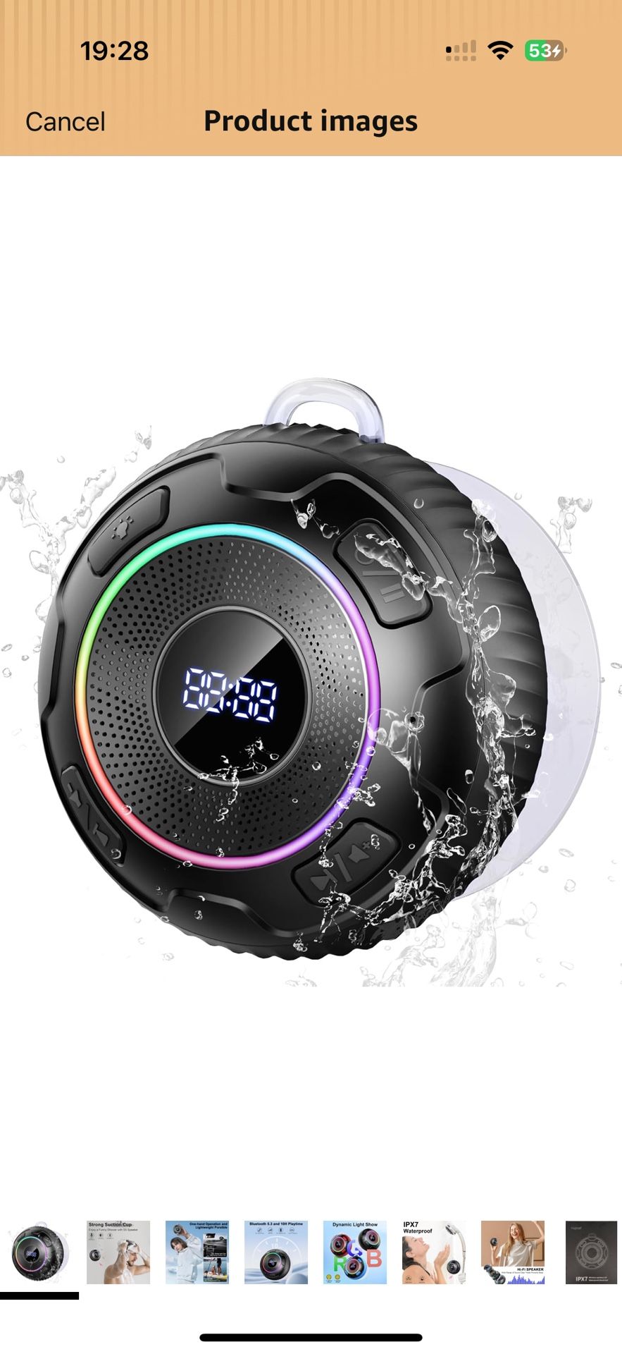 Bluetooth Shower Speaker, Wireless Bluetooth 5.3, HD Sound, Portable Speaker with Suction Cup/Hook, IPX7 Waterproof, with LED Light/Time Display, for