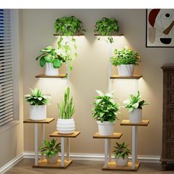 Indoor Plant Stand with Grow Light – Set of 2 Metal Plant Shelves