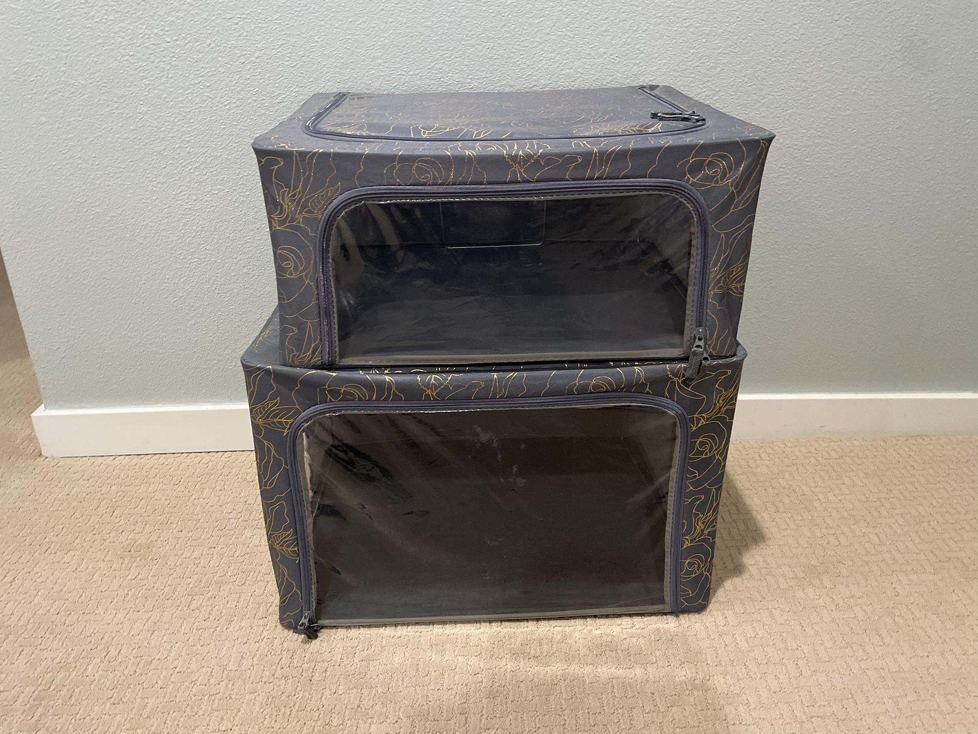 Periea Metallic Floral Oxford Cloth Steel Frame Storage Boxes - Under-Bed or in Closet - Pack of 2