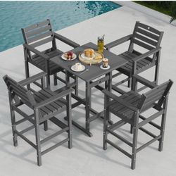 Patio Bar Table,Adirondack Chairs and Table 5 Pieces Set, Bar Height Chairs Set of 4 and Bar Table, Outdoor Bar Stools Set,Weather-Resistant Outdoor F