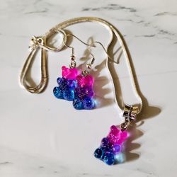 Multicolor Teddy Bears Necklace Pendant Earrings Set Handmade