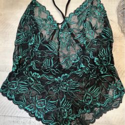 Green Black Embroidered Lace Chemise Lingerie Bodysuit Medium  New