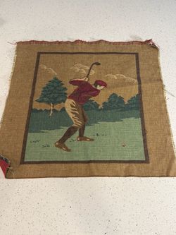 Vintage Golfer Woven Tapestry Fabric Panel 17” Ralph Lauren Style Golf Decor