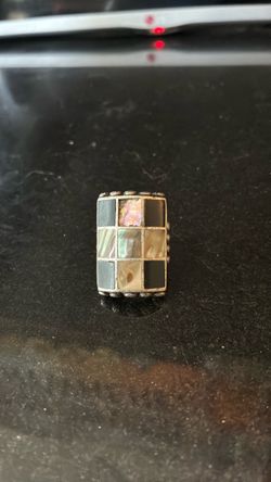 Navajo Sterling Silver Mother Of Pearl Onyx Inlay Ring