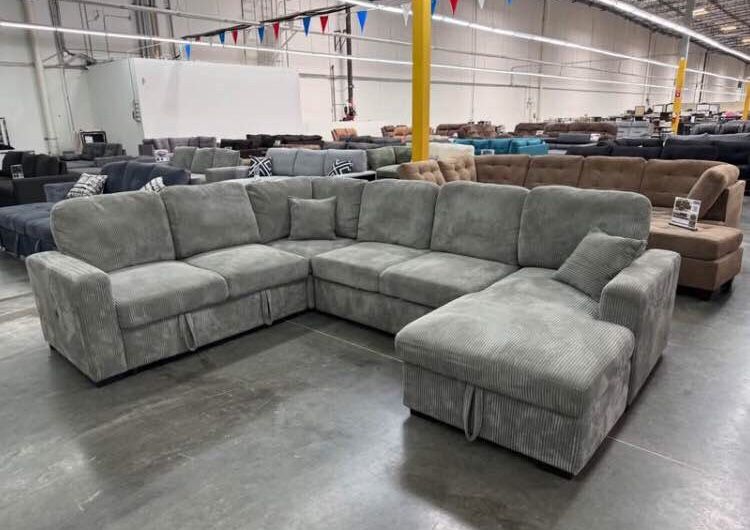 XL Convertible Sectional Sofa Sleeper, Pull-out Bed, Storage Chaise Grey Corduroy Brand New