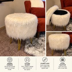 White Faux Fur Storage Ottoman / Accent Stool with Gold Legs