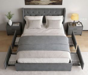 NEW Queen Bed Frame W/ 4 Storage Drawers & Wingback Headboard, Button Tufted Design - Dark Grey !