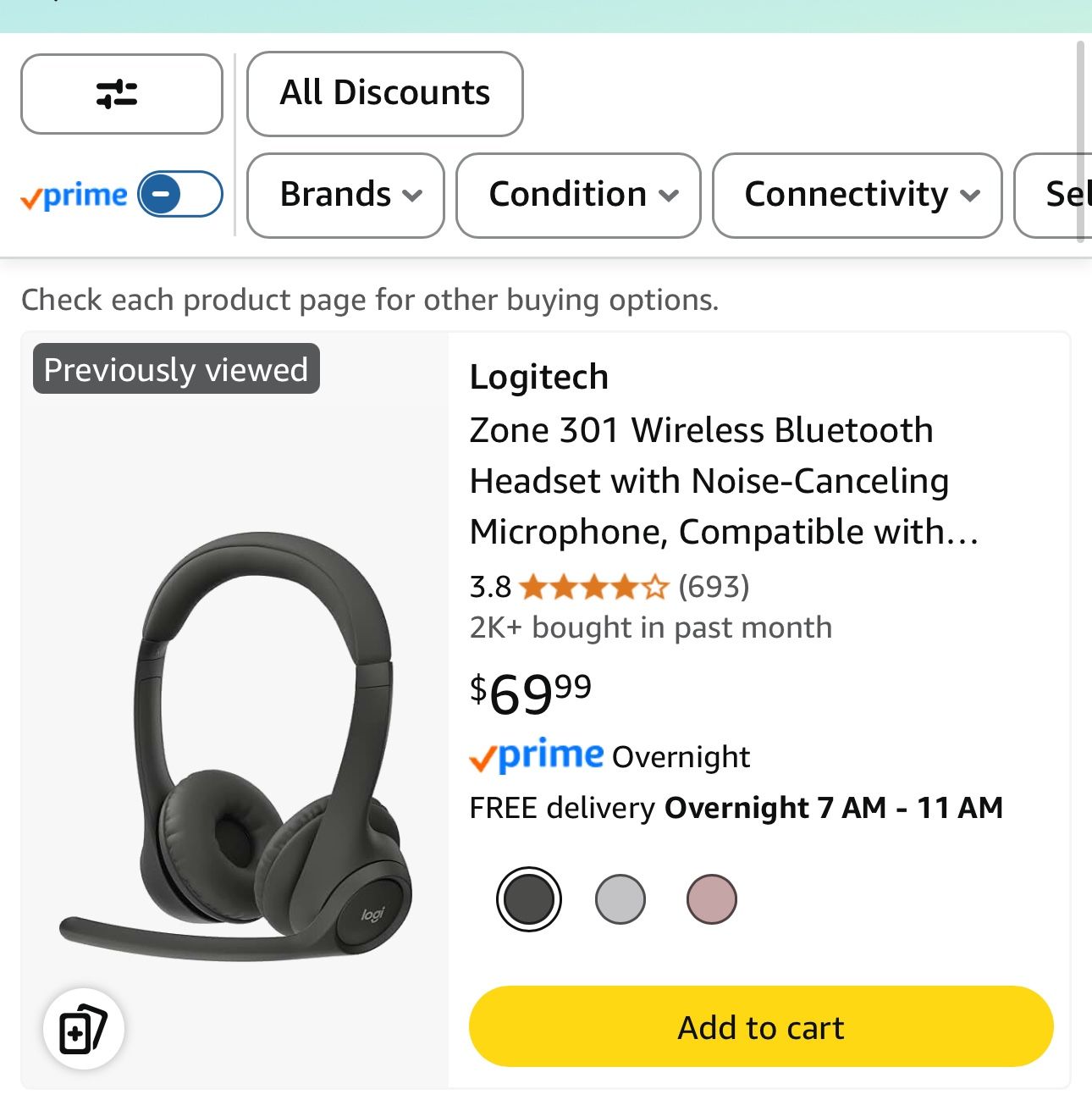Logitech Zone 301 Wireless Bluetooth Headset with Noise-Canceling Microphone, Compatible with Windows, Mac, Chrome, Linux, iOS, iPadOS, Android – Grap
